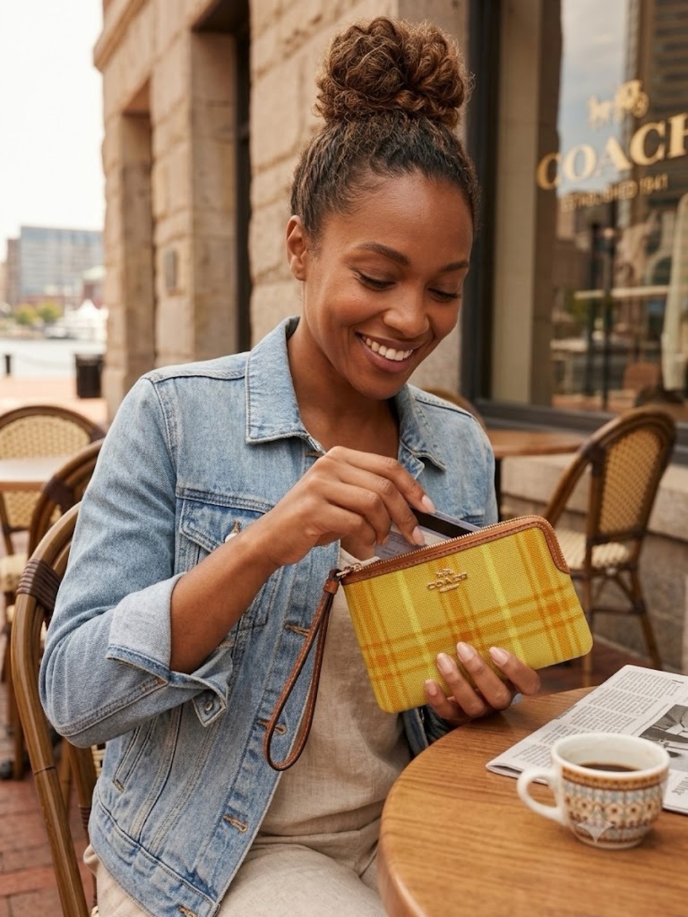 Coach Yellow Plaid Wristlet with Tan Trim